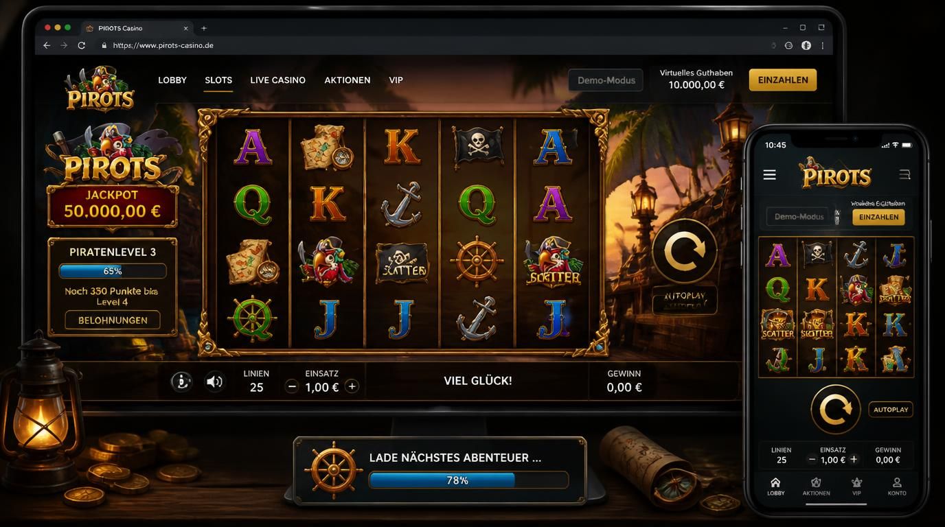 Bildschirm mit Demo-Slot-Modus, virtuelles Guthaben und deutscher Anzeige