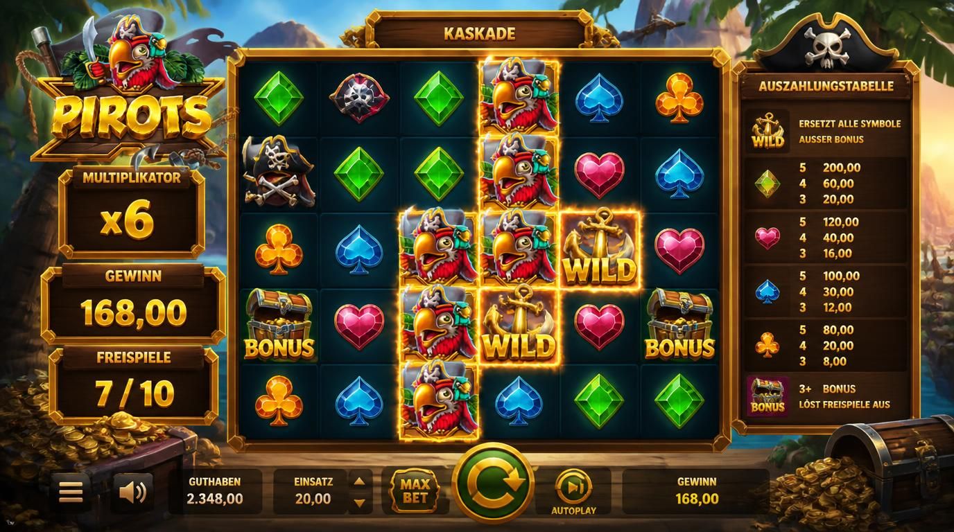Spielmechanik mit Kaskaden und Multiplikator